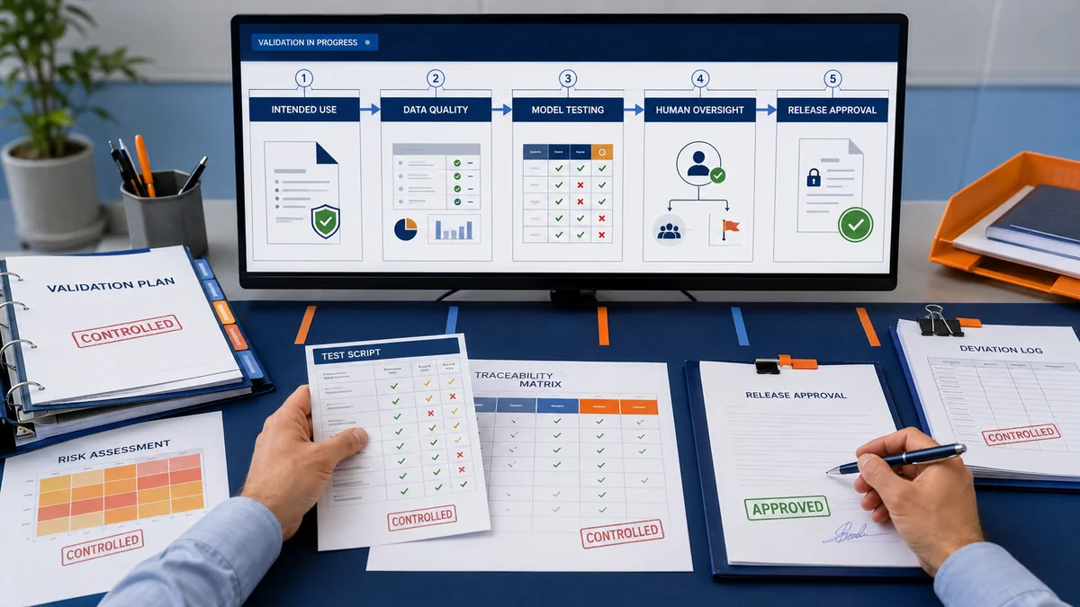Validation workspace showing a five-stage sequence from intended use through data quality, model testing and human oversight to release approval, beside a controlled validation plan, test script, traceability matrix and deviation log