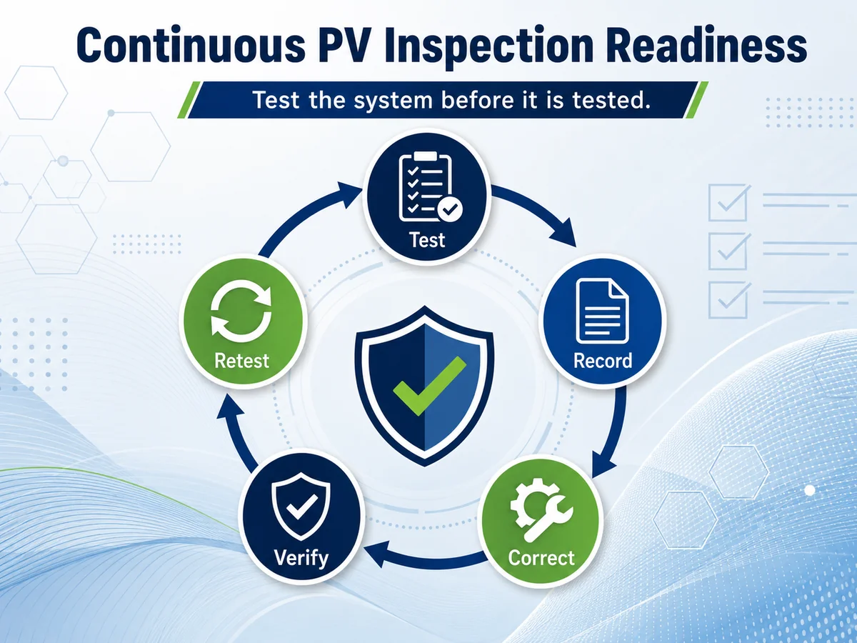 Continuous PV inspection readiness cycle of test, record, correct, verify, and retest