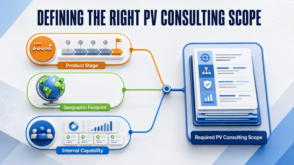 Three inputs feeding one required PV consulting scope document: product stage as a lifecycle milestone track, geographic footprint as a globe with market pins, and internal capability as a team capacity dashboard