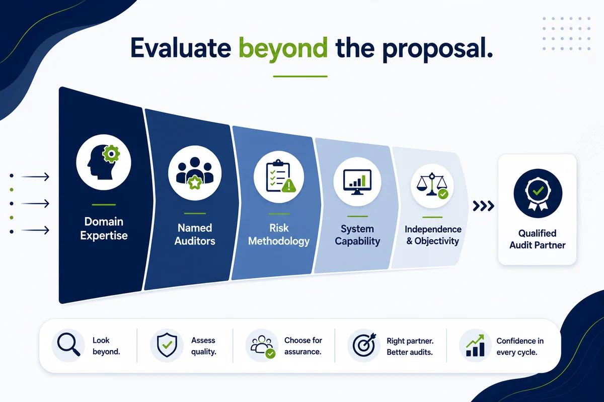 Evaluating a GxP audit firm beyond the proposal through domain expertise, named auditors, risk methodology, system capability, and independence to reach a qualified audit partner