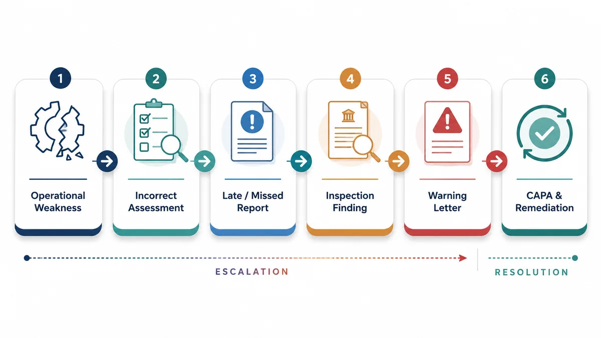 Escalation chain from operational weakness, incorrect assessment, and late or missed report to inspection finding, FDA Warning Letter, and CAPA remediation