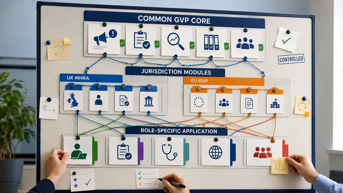 Planning board stacking a common GVP core above separate UK MHRA and EU GVP jurisdiction modules, threaded down into role-specific application cards