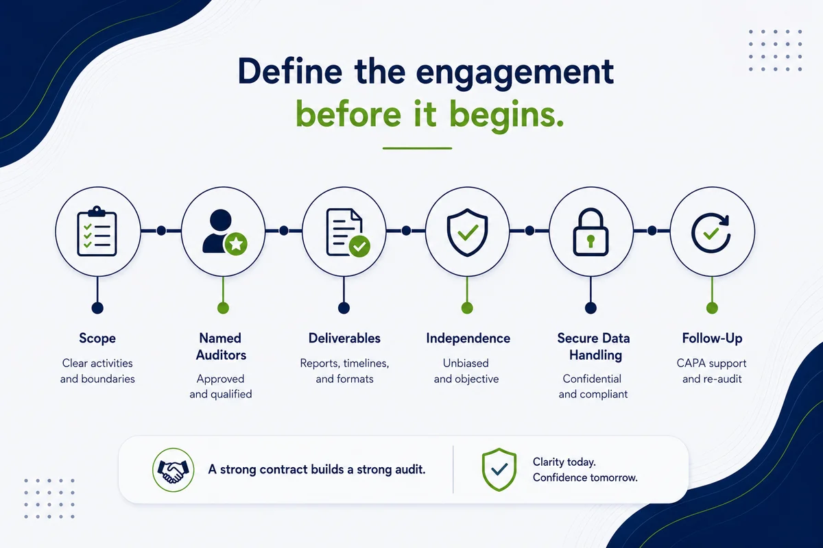 GxP audit engagement defined before it begins through scope, named auditors, deliverables, independence, secure data handling, and follow-up