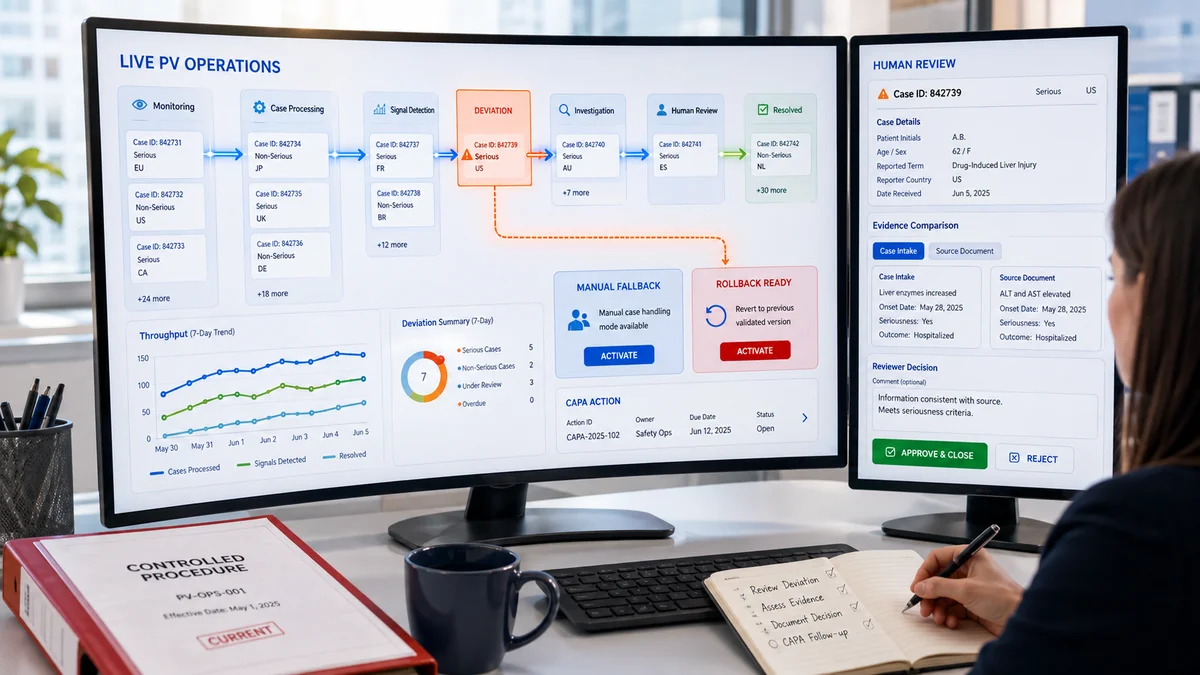 Live PV operations board tracking cases through monitoring, processing, signal detection and human review, with a flagged deviation routed to manual fallback and rollback controls beside a reviewer comparing intake data against the source document
