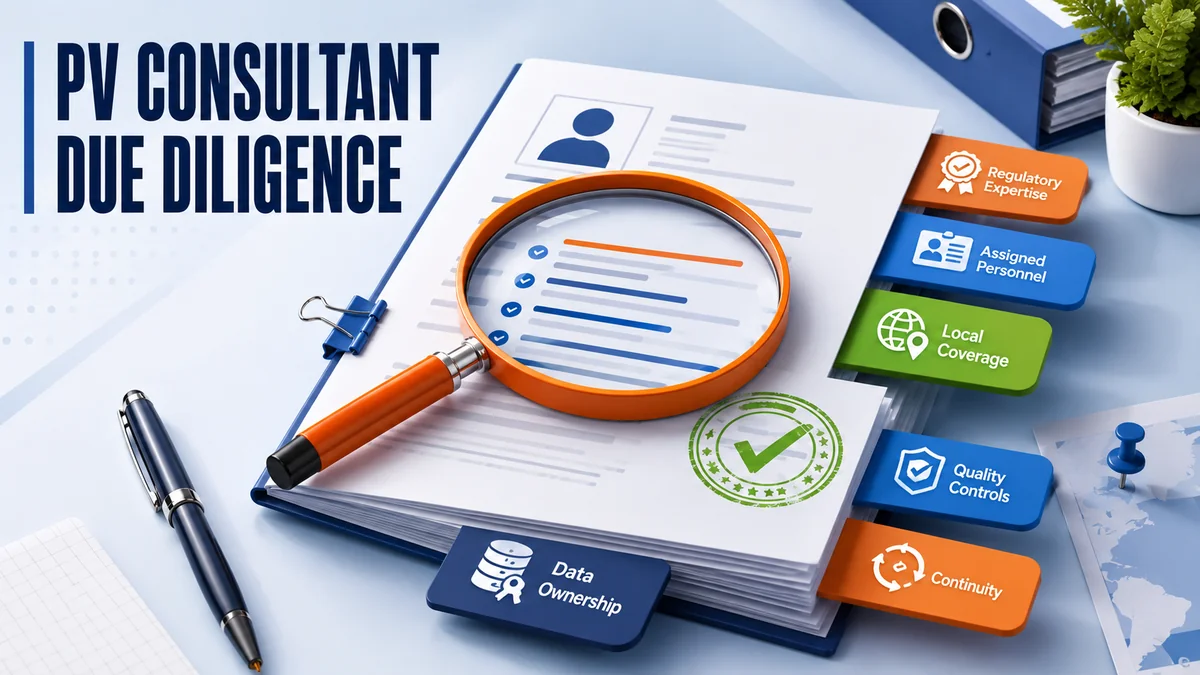 PV consultant due diligence dossier under a magnifying glass with tabbed checks for regulatory expertise, assigned personnel, local coverage, quality controls, continuity and data ownership