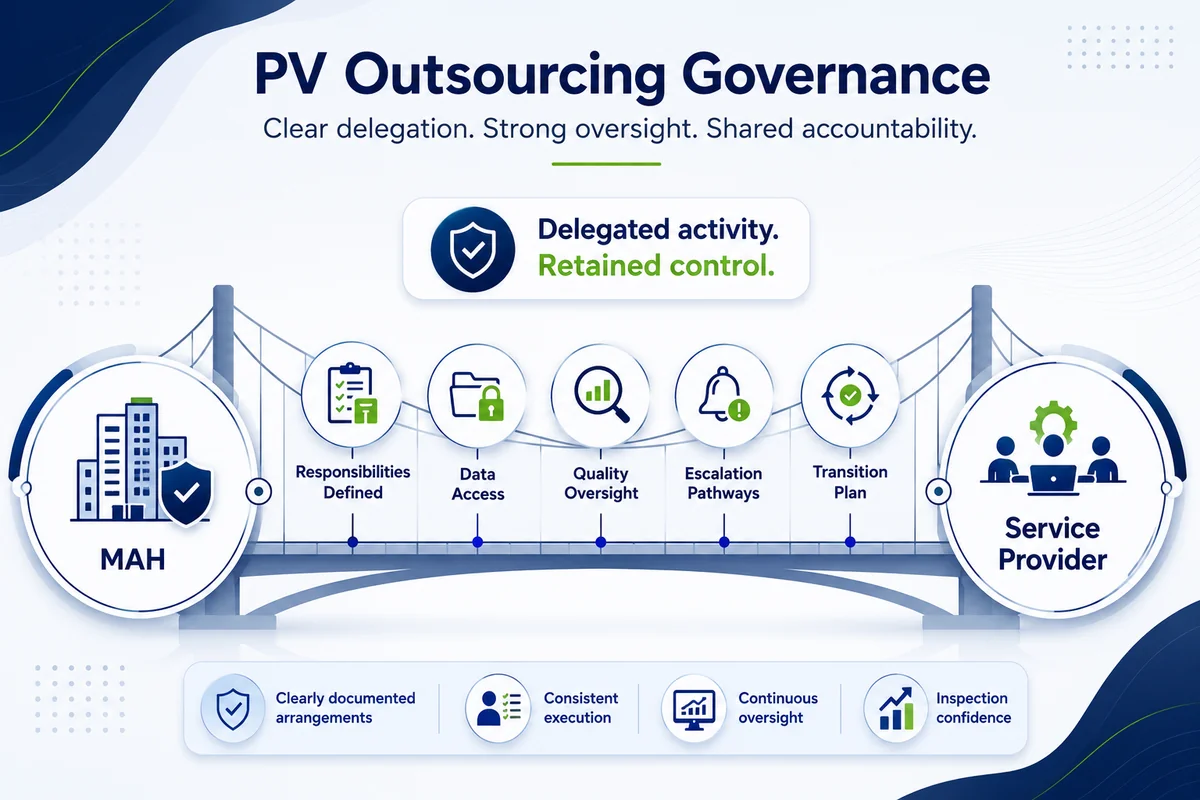 PV outsourcing governance bridging the MAH and service provider through defined responsibilities, data access, quality oversight, escalation pathways, and a transition plan