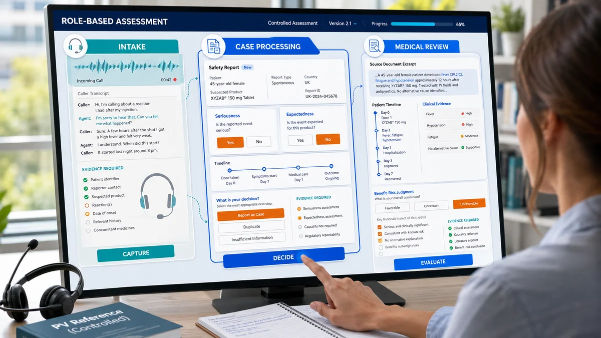 Controlled role-based assessment screen linking an intake call transcript with its evidence checklist, a case-processing seriousness and expectedness decision, and a medical reviewer's benefit-risk judgment