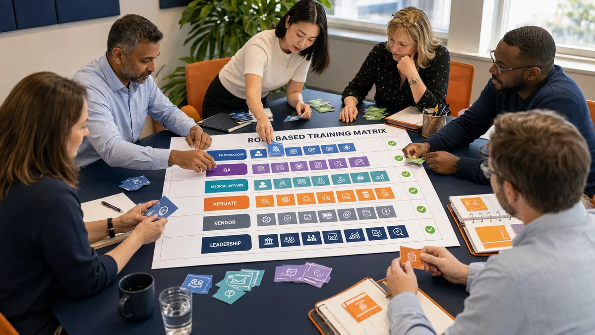Team assembling a role-based training matrix board with separate curriculum rows for PV operations, QA, medical affairs, affiliates, vendors and leadership