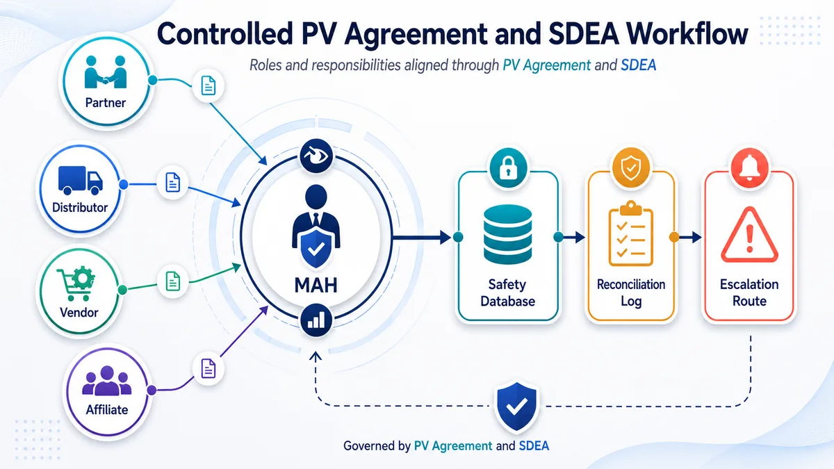 Controlled PV agreement and SDEA workflow showing partner, distributor, vendor, and affiliate case transfer into MAH oversight, safety database, reconciliation log, and escalation route