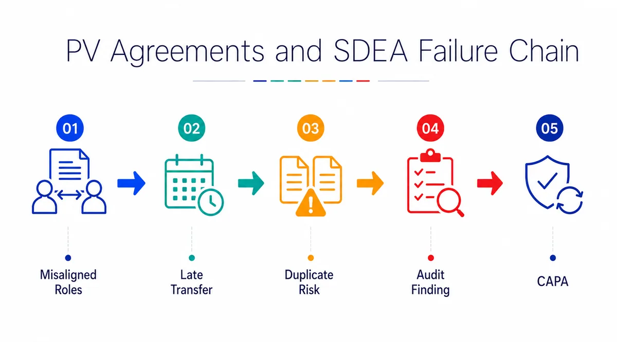 PV agreements and SDEA failure chain from misaligned roles and late transfer to duplicate risk, audit finding, and CAPA