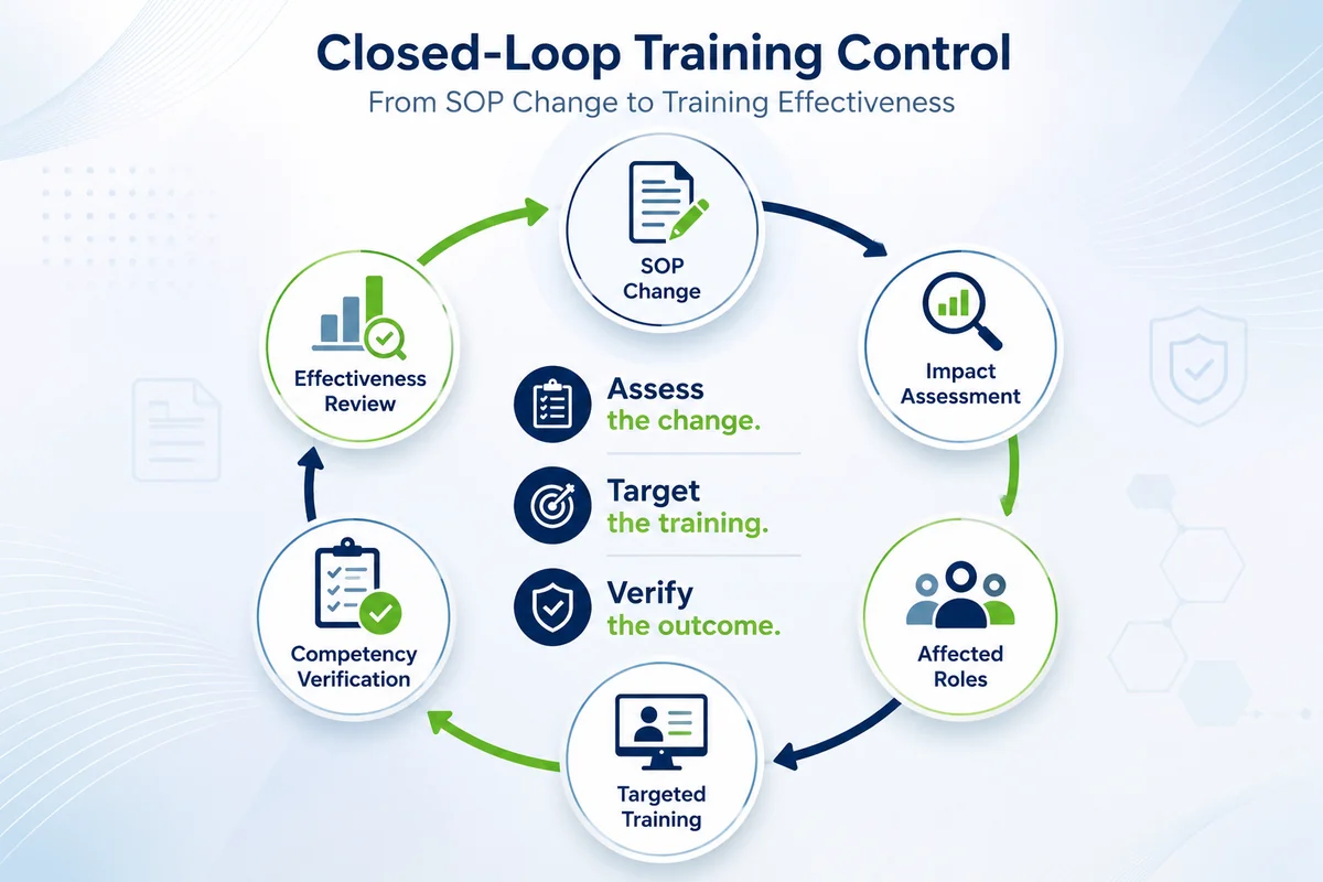 Closed-loop training control cycle running from SOP change to impact assessment, affected roles, targeted training, competency verification, and effectiveness review