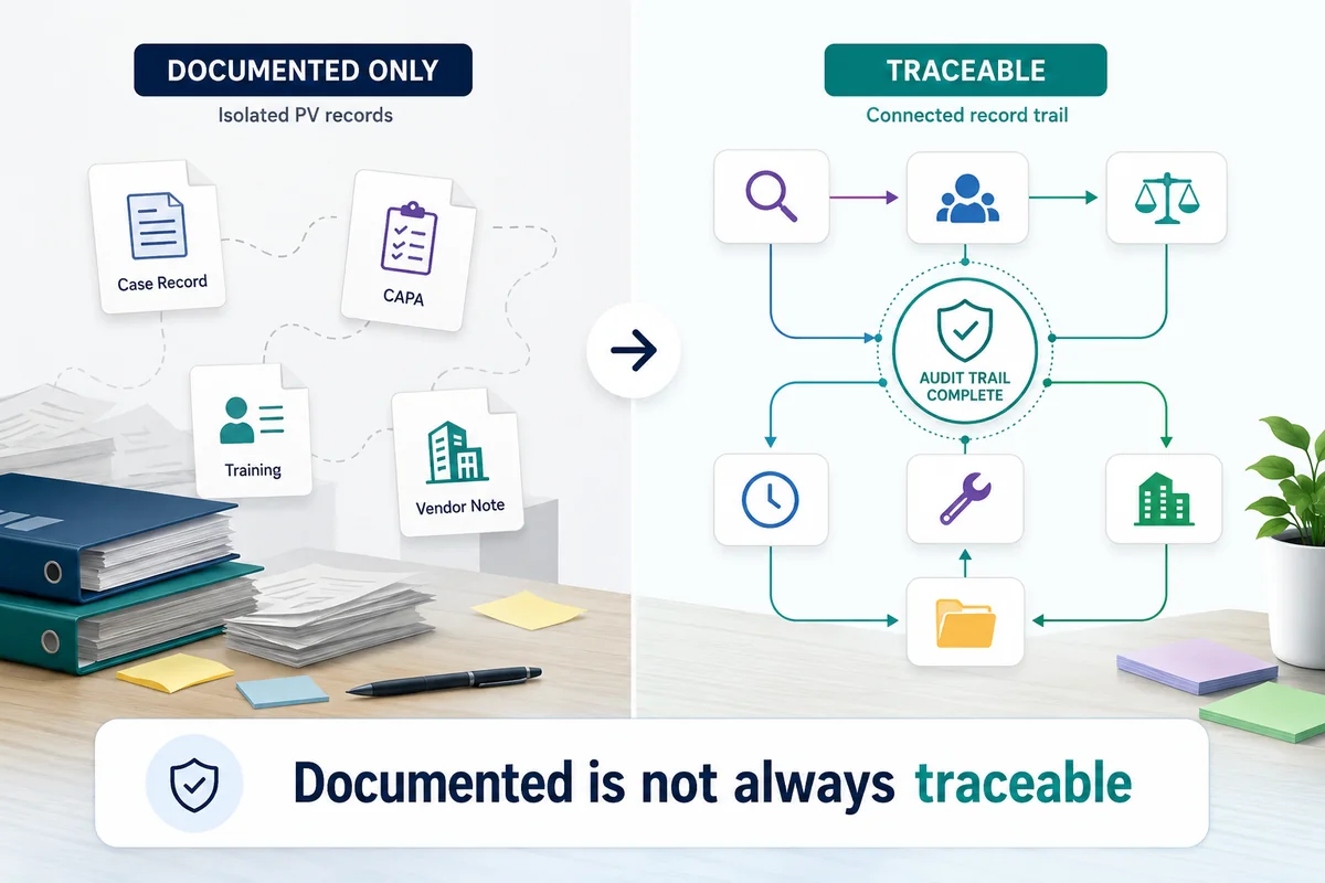 Traceability testing before PV inspection — reviewing CAPA, vendor governance, signal management, training, and QPPV oversight across the PV system