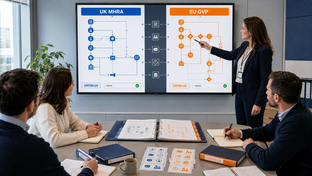 Trainer walking a PV team through a UK MHRA process flow and an EU GVP process flow displayed side by side, each marked as controlled and version-checked